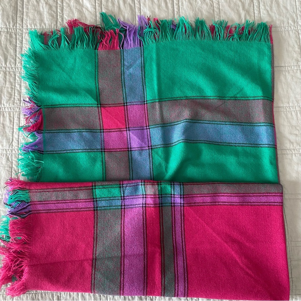 Courtelle Vibrant Pink Teal Plaid Scarf Fringe Soft Retro 70s Winter Cozy